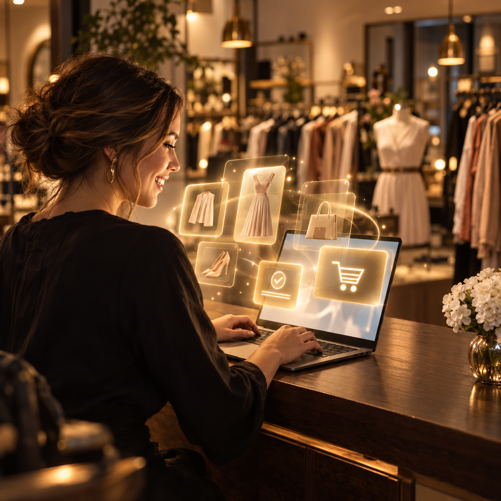 Boutique owner smiling as product cards from her new online store float out of her laptop toward her
