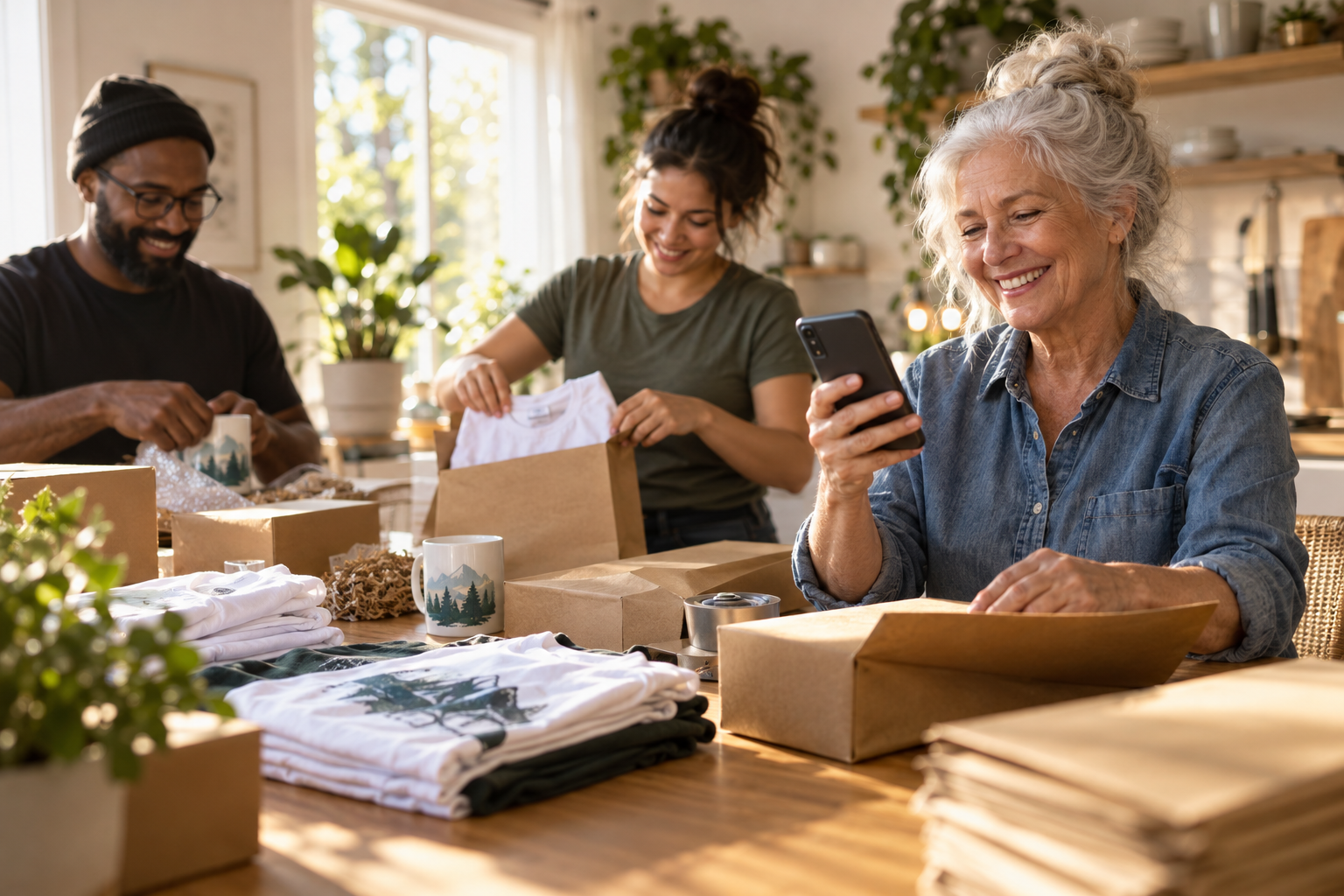 Online store owner packing an order