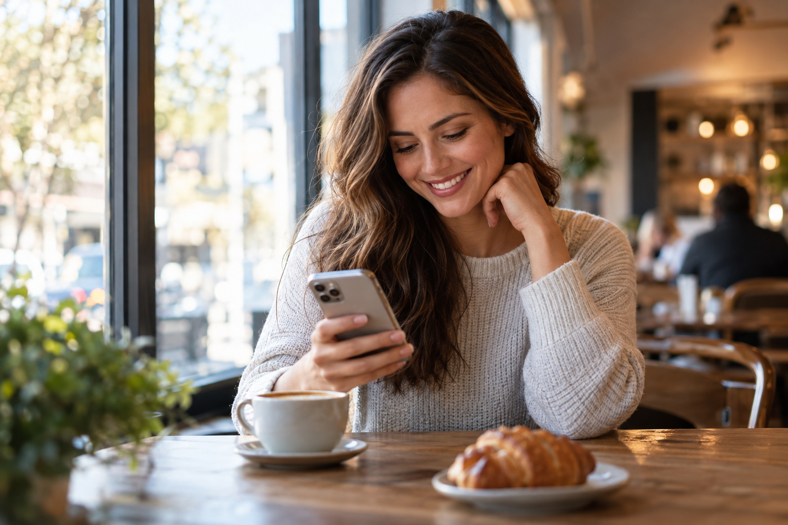 Shopper in a cafe smiling at a reminder about an item left in her cart