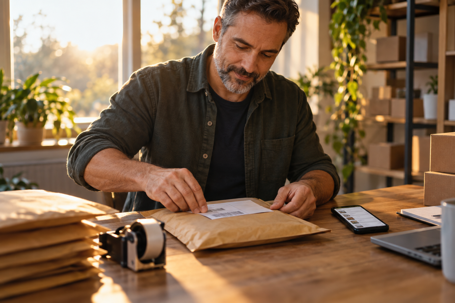 Seller adding a shipping label to a mailer at a home packing station