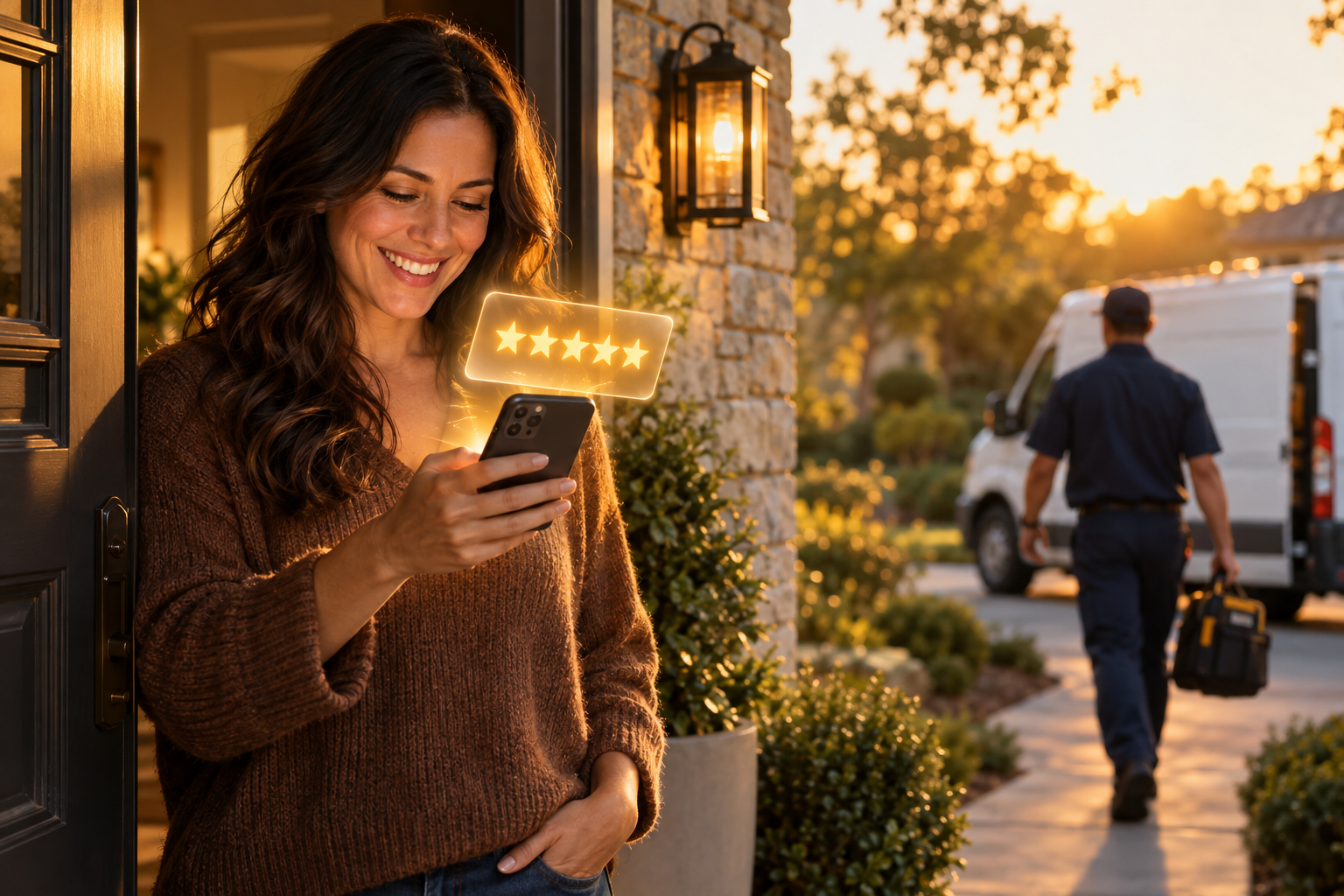 Smiling homeowner at her front door looking down at her phone as a glowing five star review floats up toward her after a home service visit