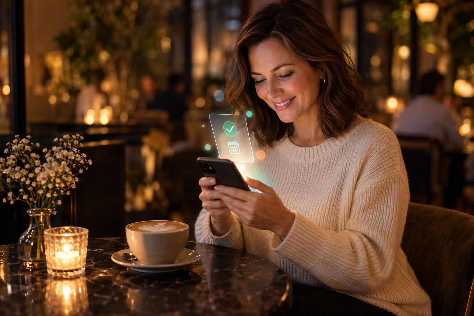 Business owner at a cafe table smiling at her phone as a glowing welcome back booking confirmation floats up toward her