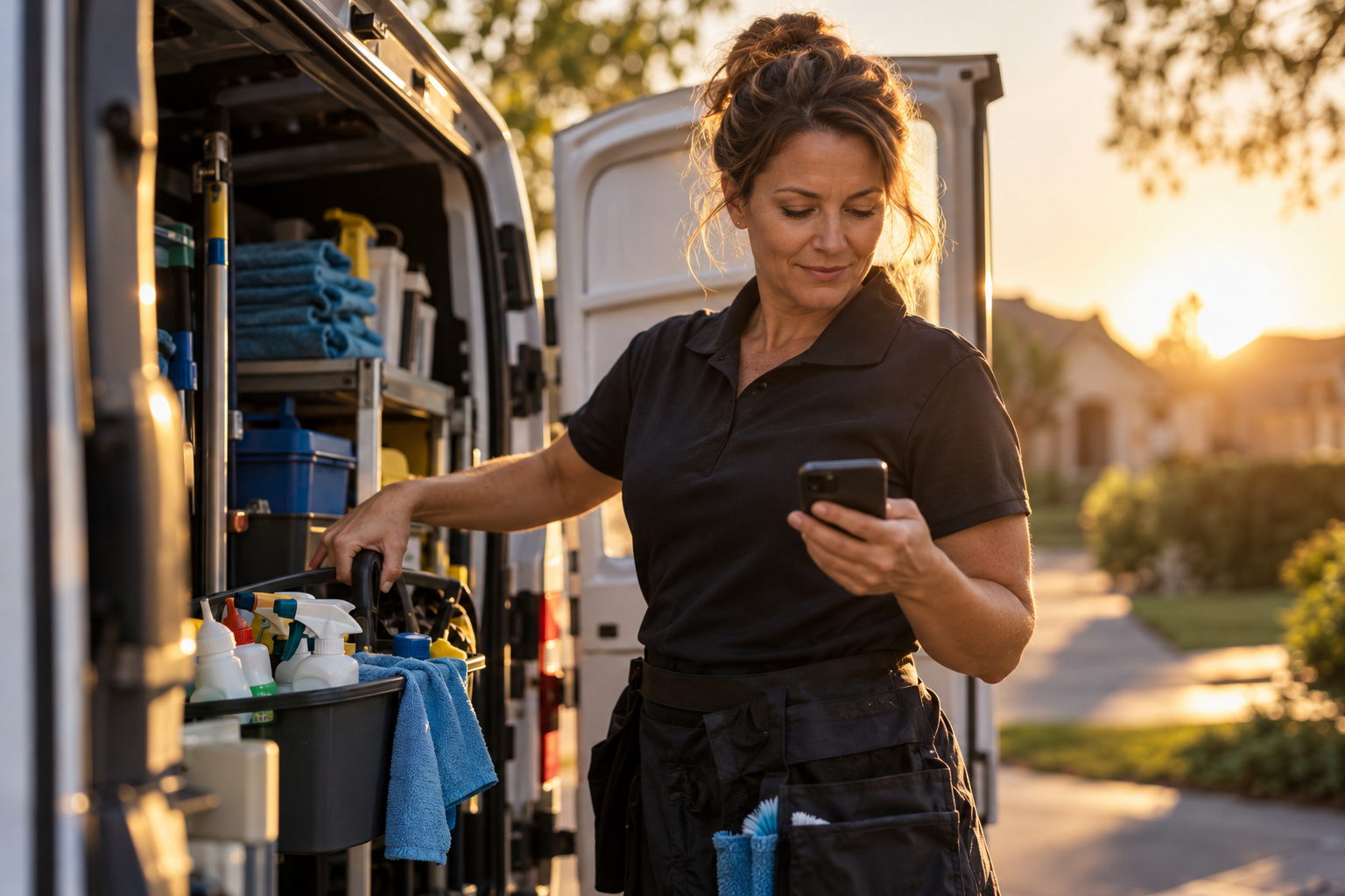 Cleaning company owner checking a new online booking beside her van