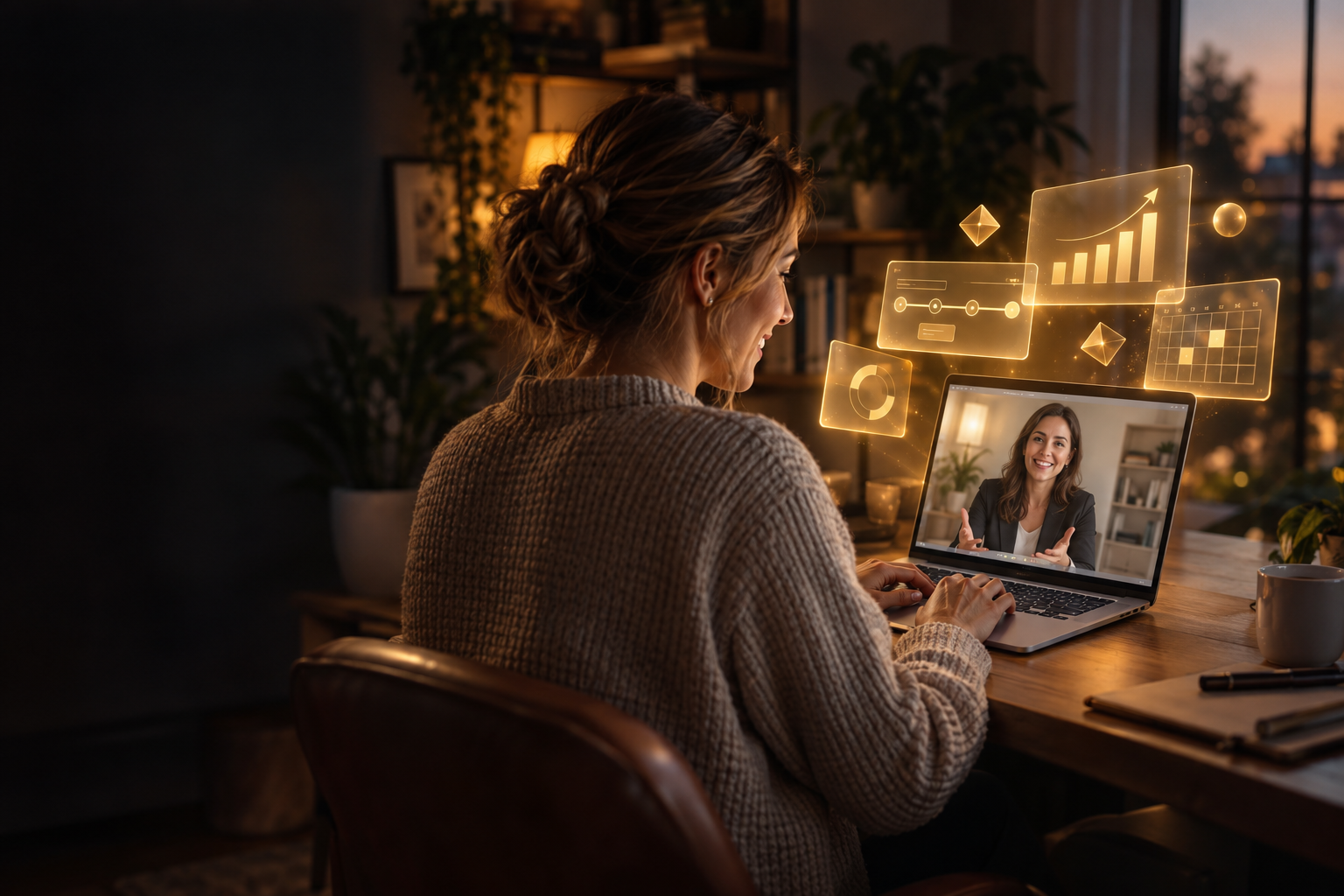 Business owner at her desk starting a Reachific account as dashboard cards float out of her laptop toward her