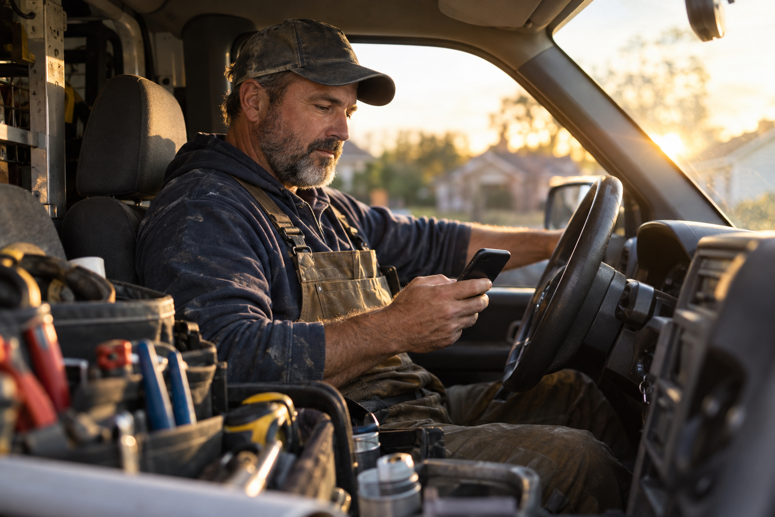 Plumber in his work truck answering a new lead on his phone
