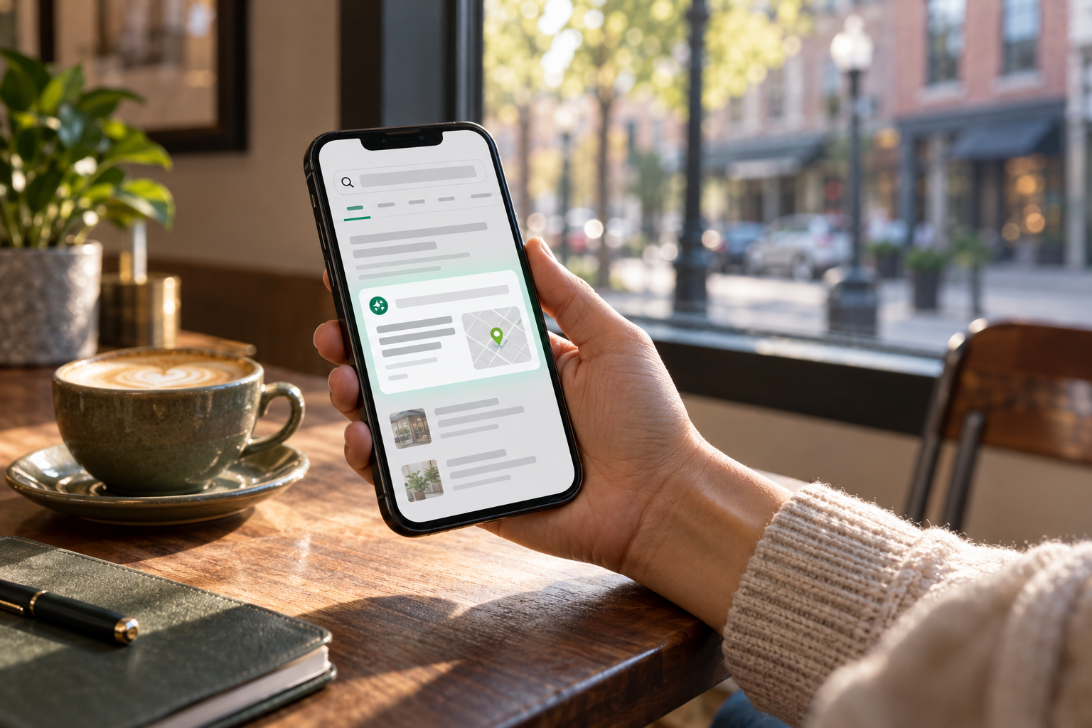 Customer finding a local business on a phone through search and AI answers