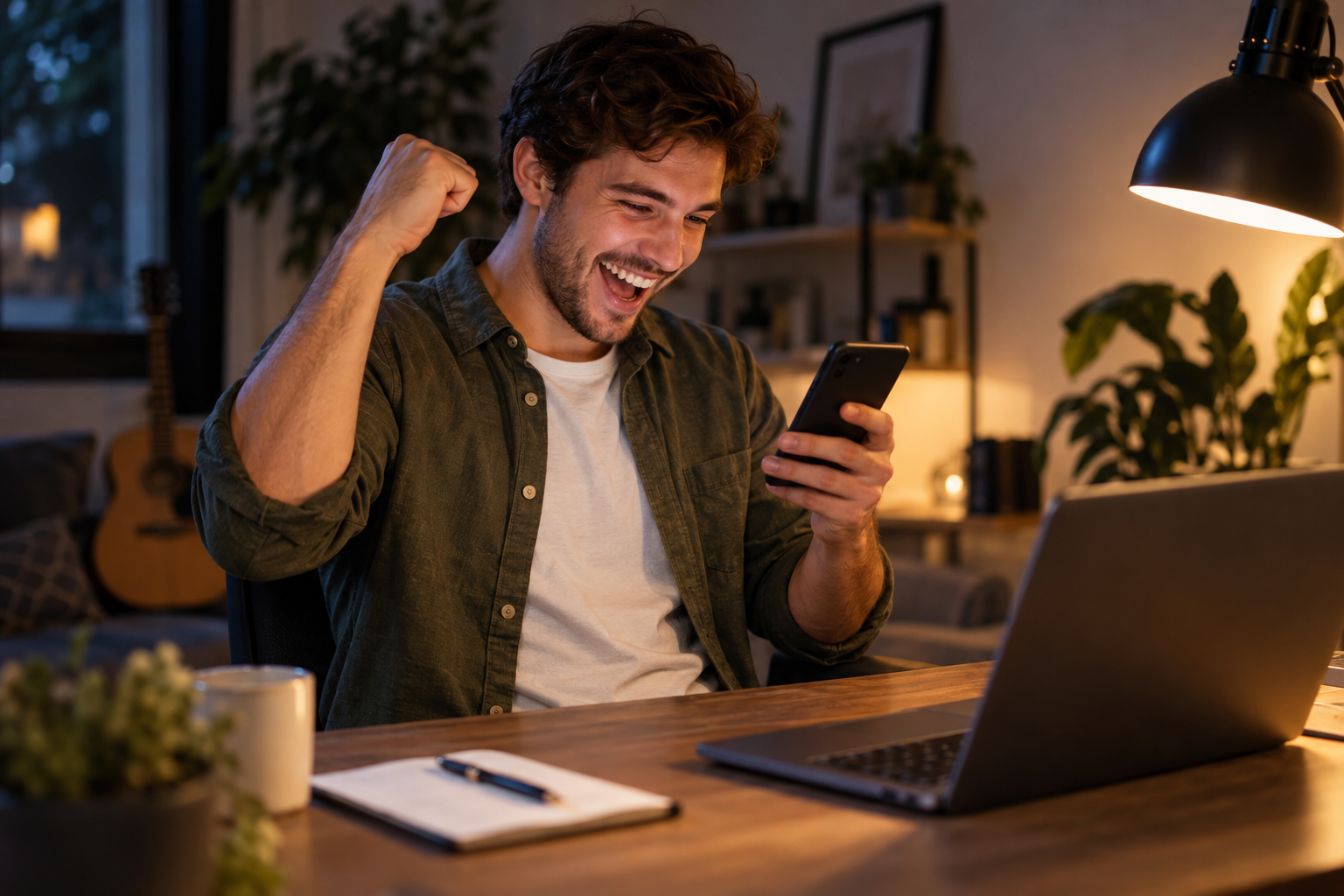 Young seller celebrating his first online order on his phone