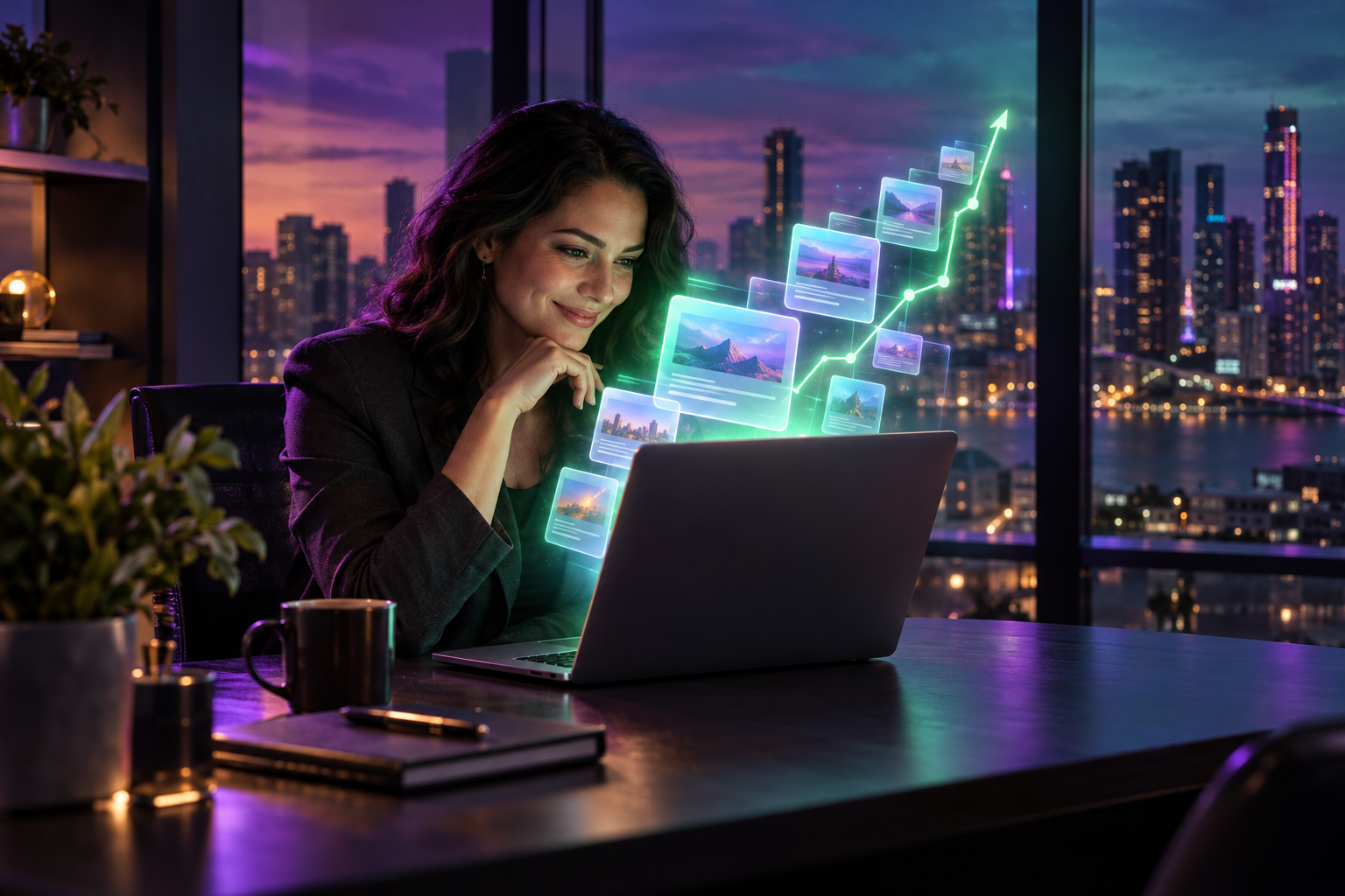 Business owner at her desk at dusk smiling as glowing blog post cards and a rising green traffic line float out of her laptop toward her