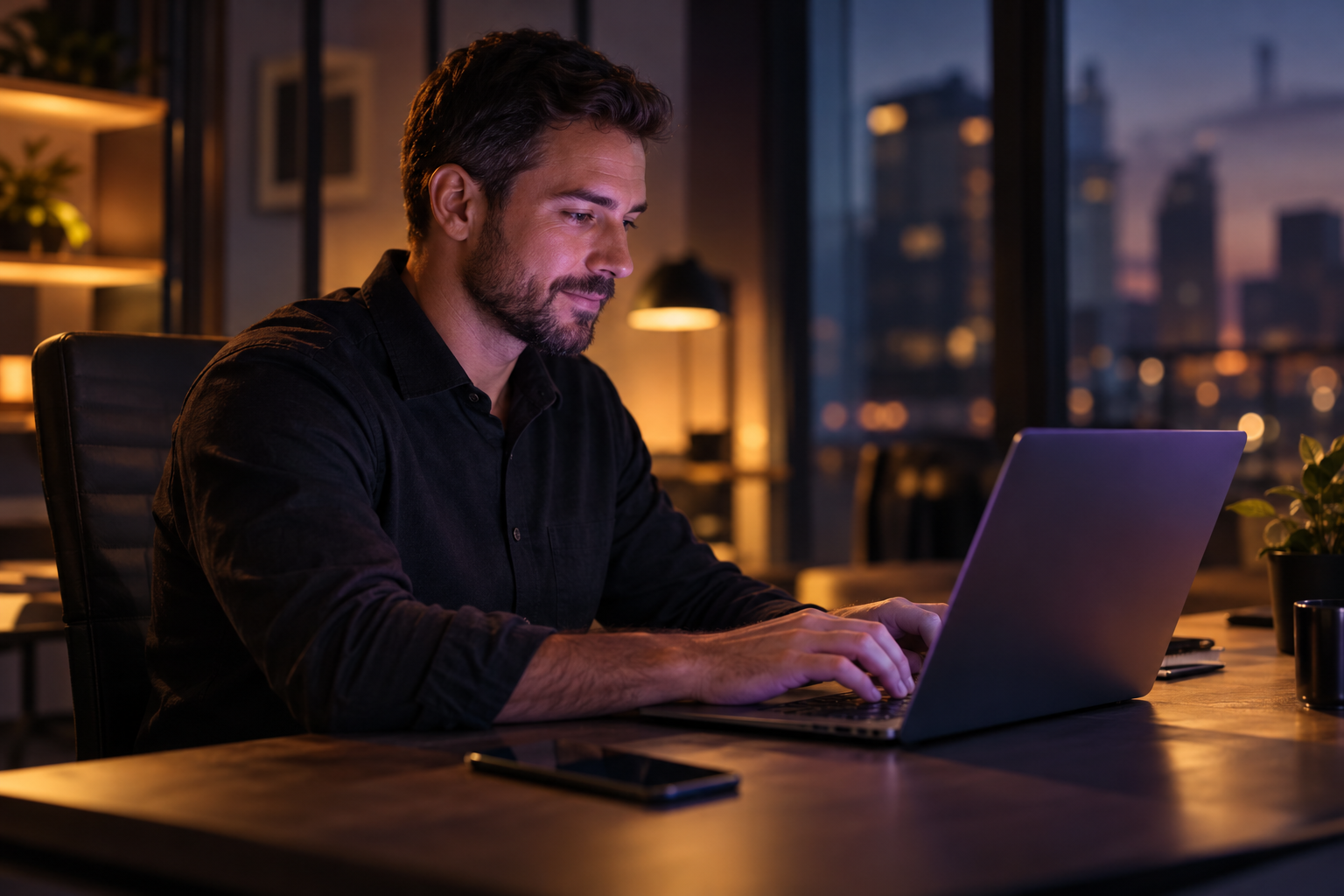 Owner typing into a chat window on a laptop with a phone beside it in the evening