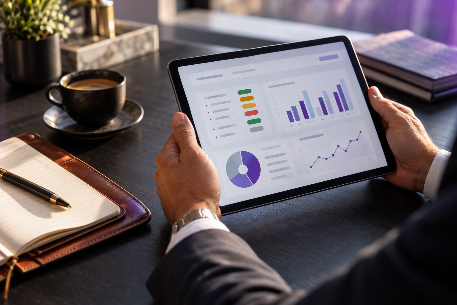 Executive holding a tablet with a weekly scorecard and colored status tags beside coffee and a notebook