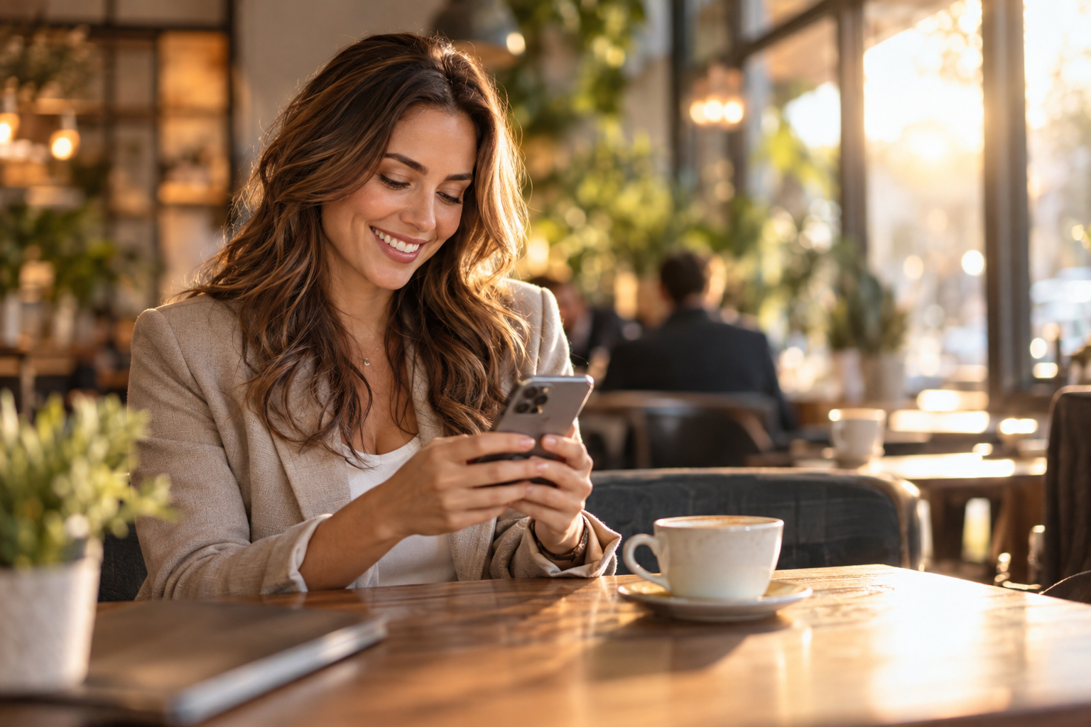 Woman business owner texting her assistant at a cafe table with coffee