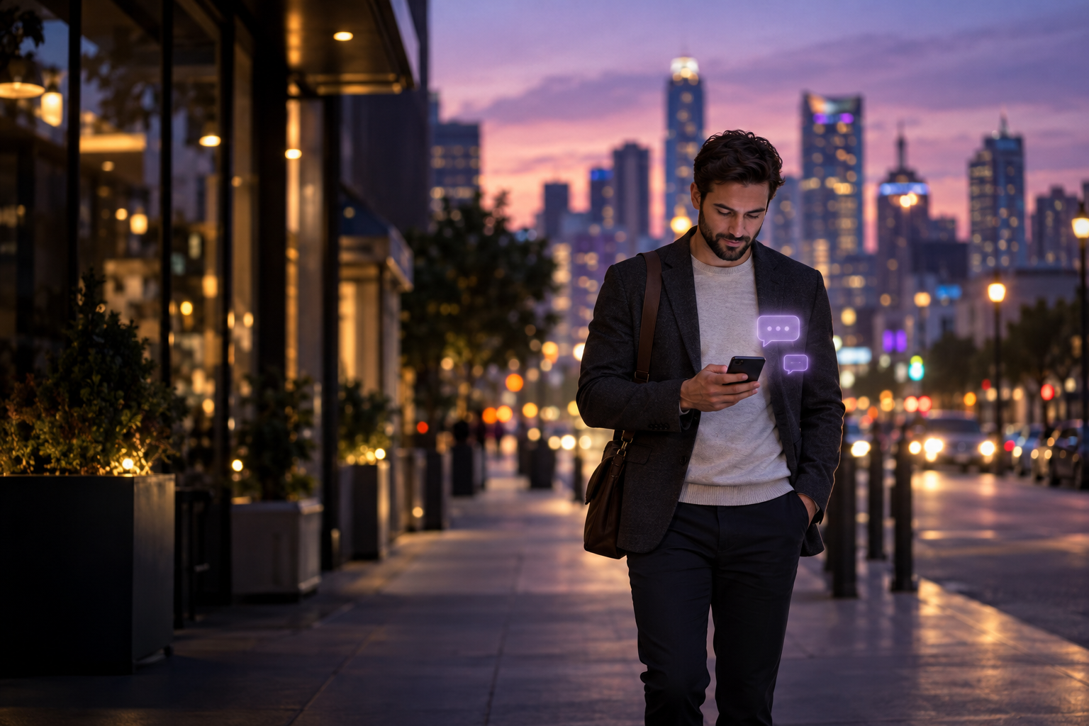 Business owner walking on a city street at dusk typing a text to his assistant