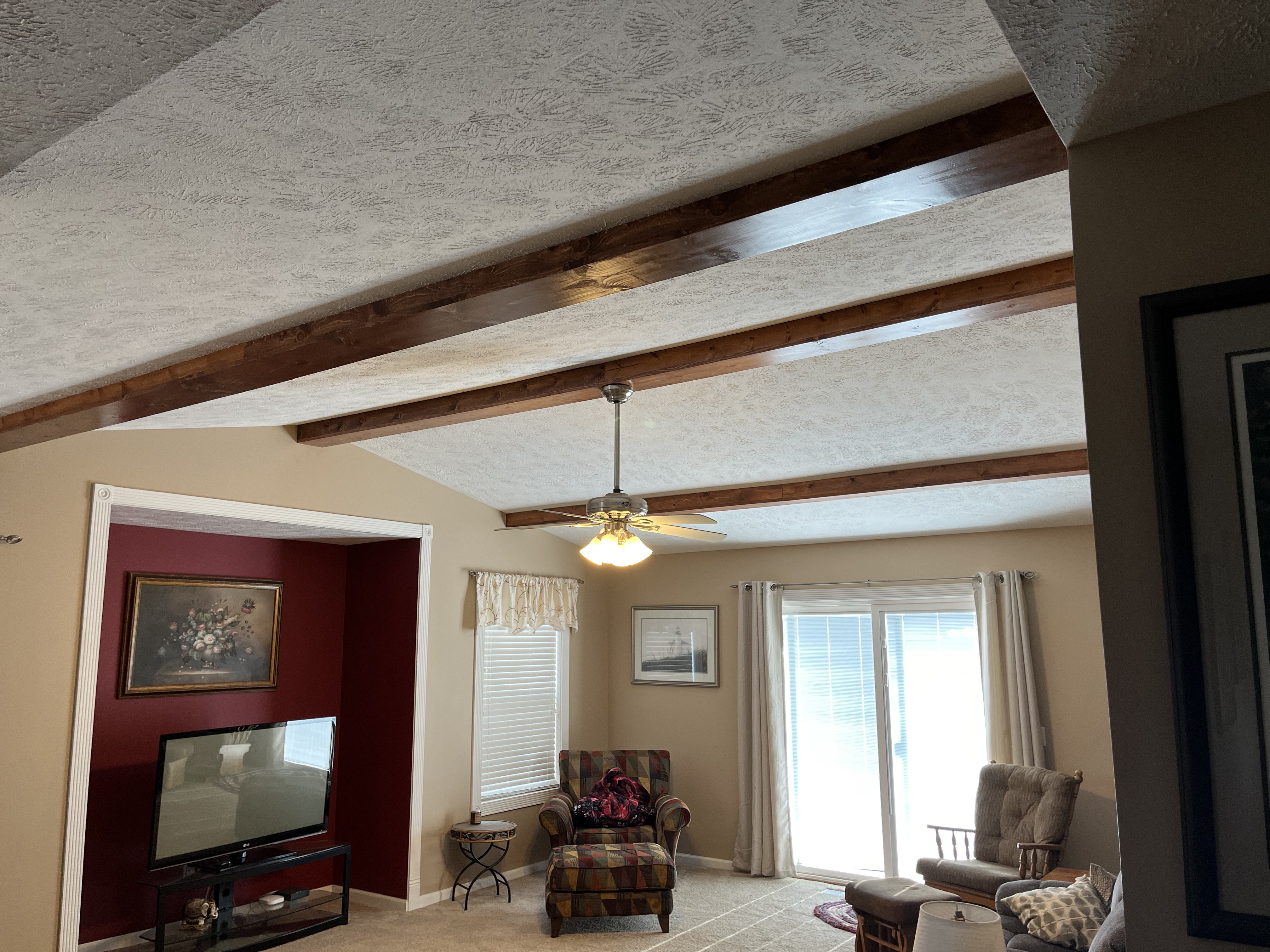 Wood ceiling beams in a living room