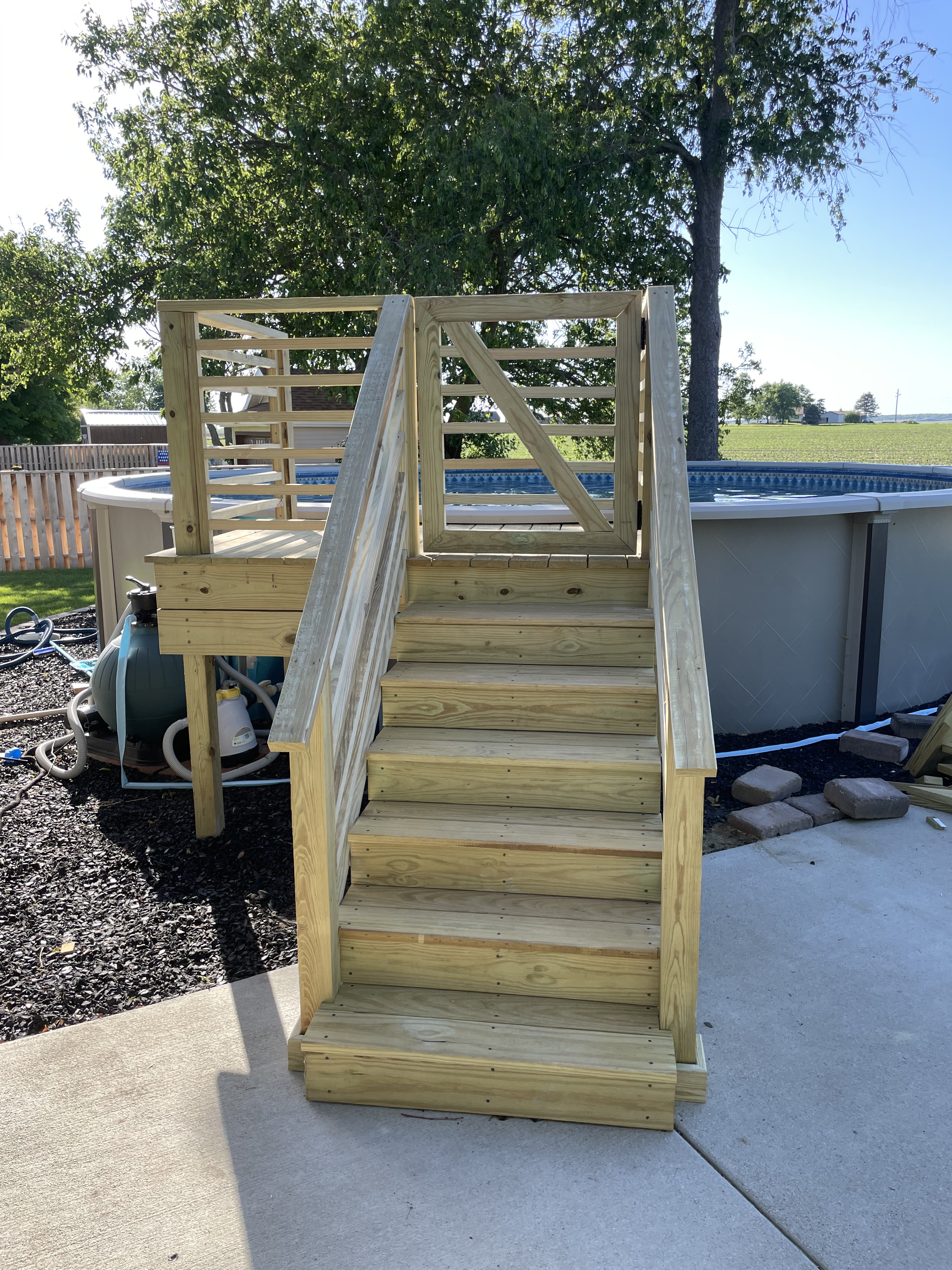 Wood pool deck stairs framing