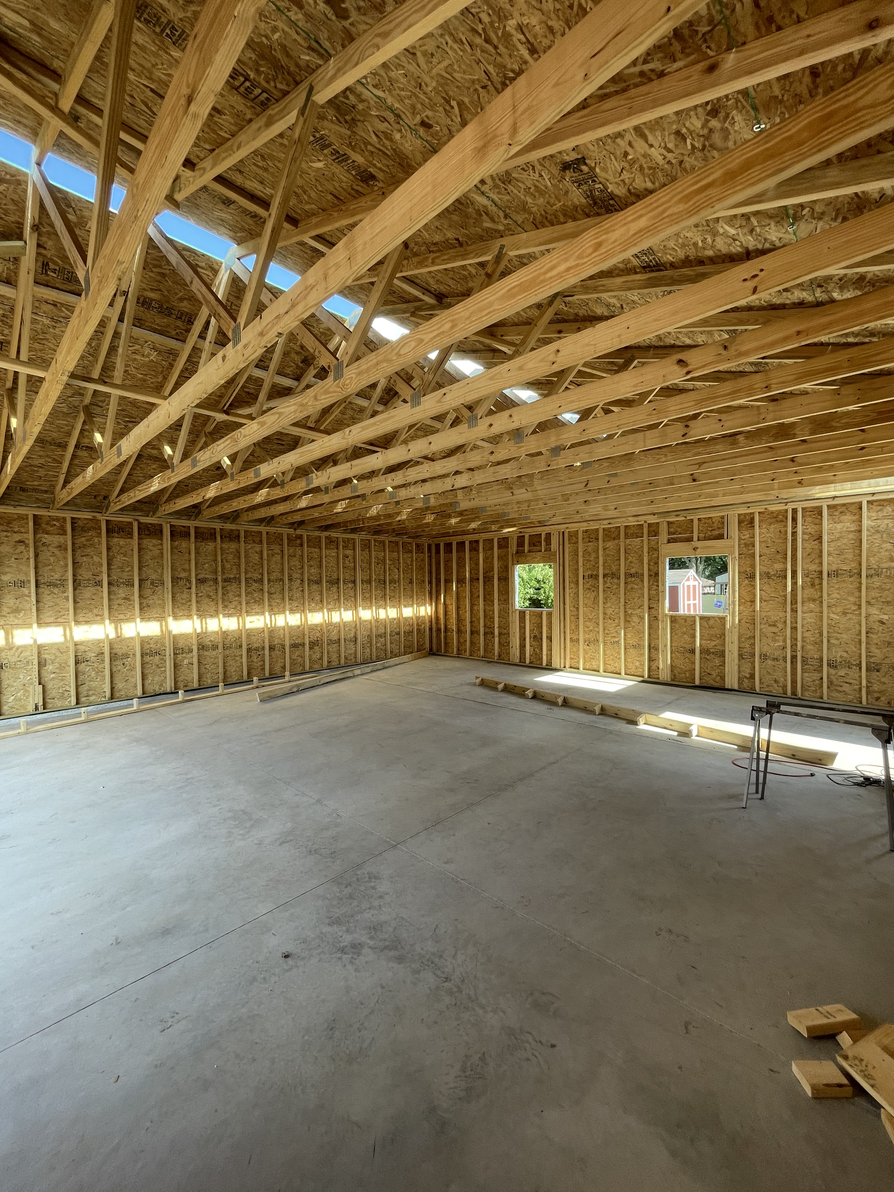 Garage roof trusses from inside (work in progress)