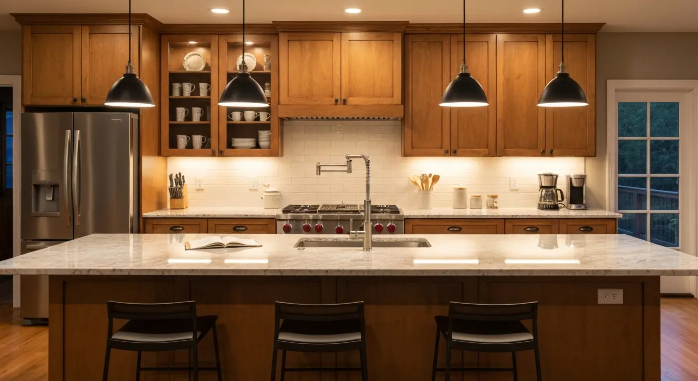 Modern kitchen pendant lights and under-cabinet lighting