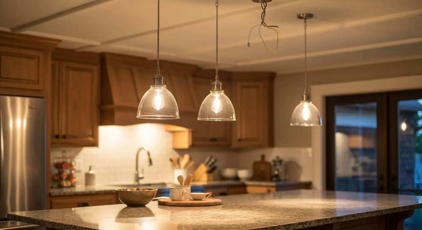 Pendant lights above kitchen island