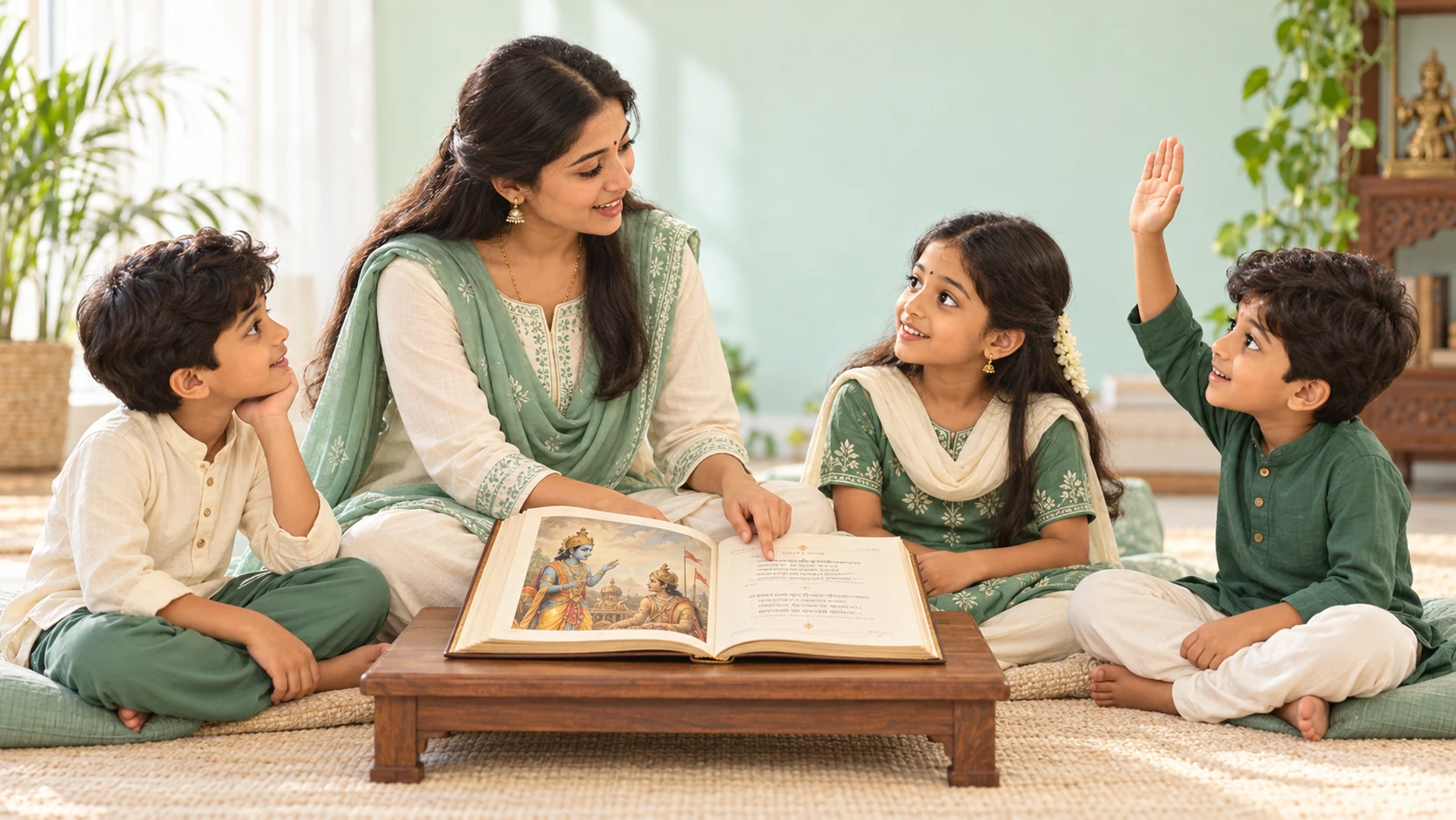 A teacher explains a Bhagavad Gita shloka from an open book to three children