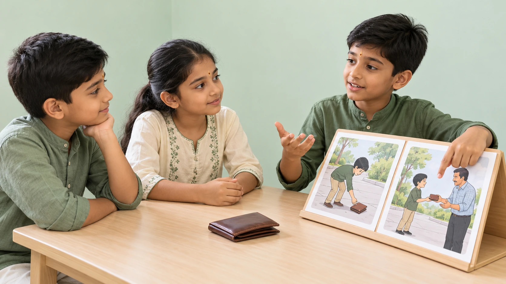Children discussing the right thing to do with a found wallet