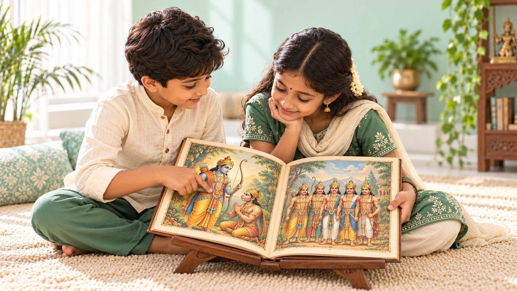 Two children reading an illustrated book of Shri Ram, Hanuman Ji and the Pandavas