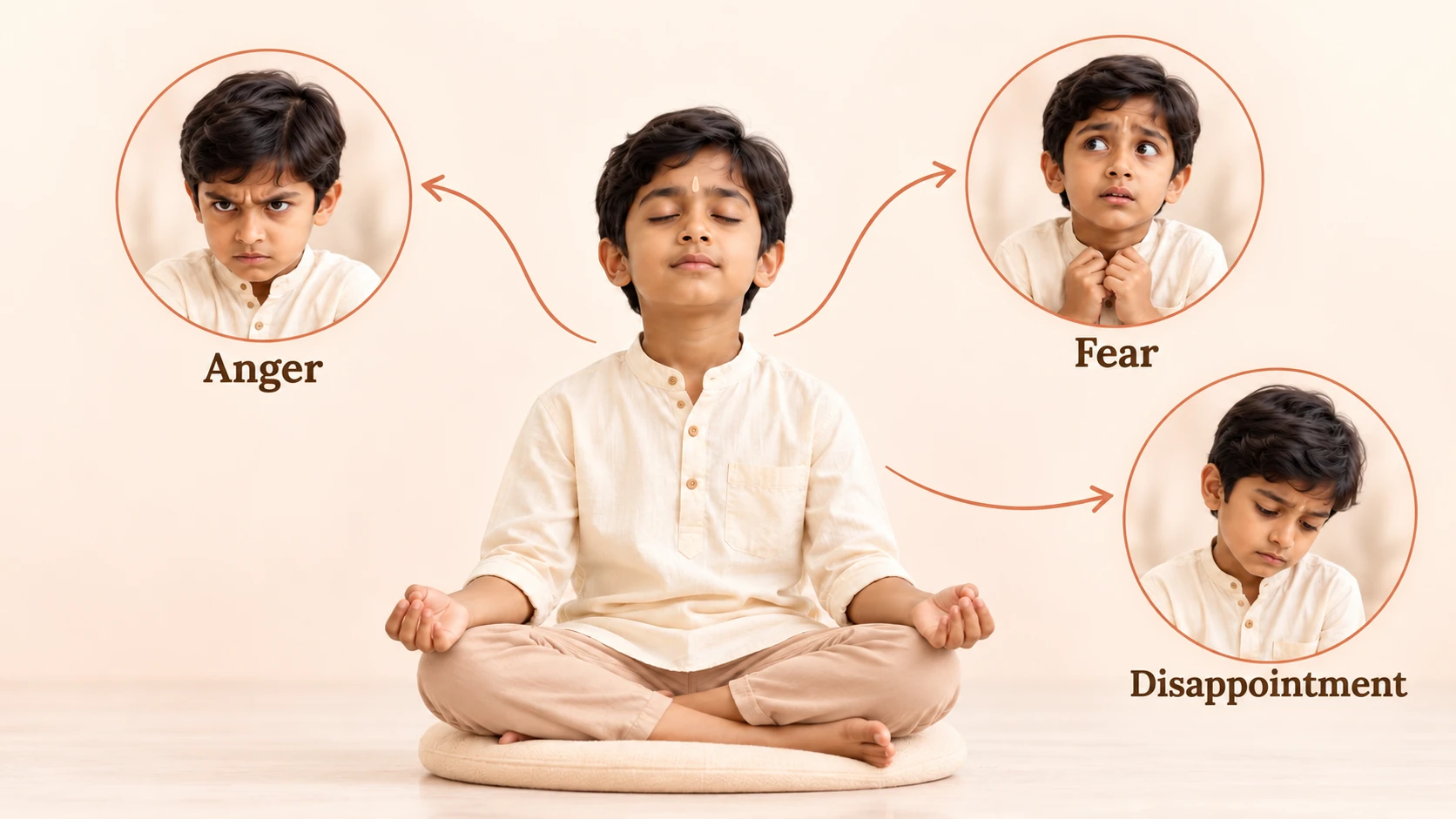 A calm child meditating while anger, fear and disappointment pass by