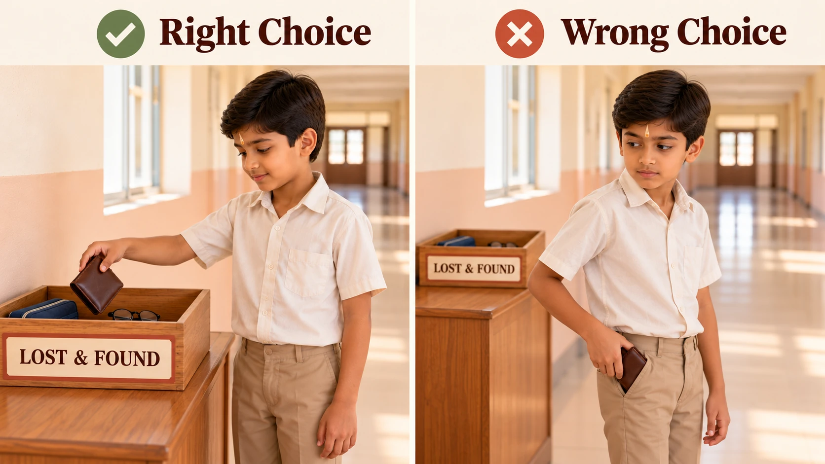 Right choice versus wrong choice: a child returns a found wallet to the lost and found box