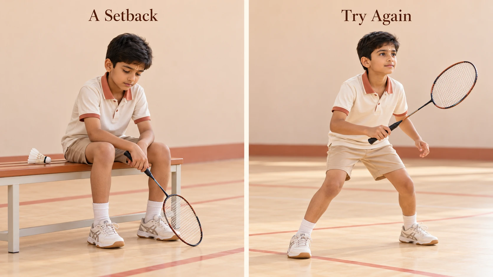 A setback, then try again: a child gets back up and plays badminton