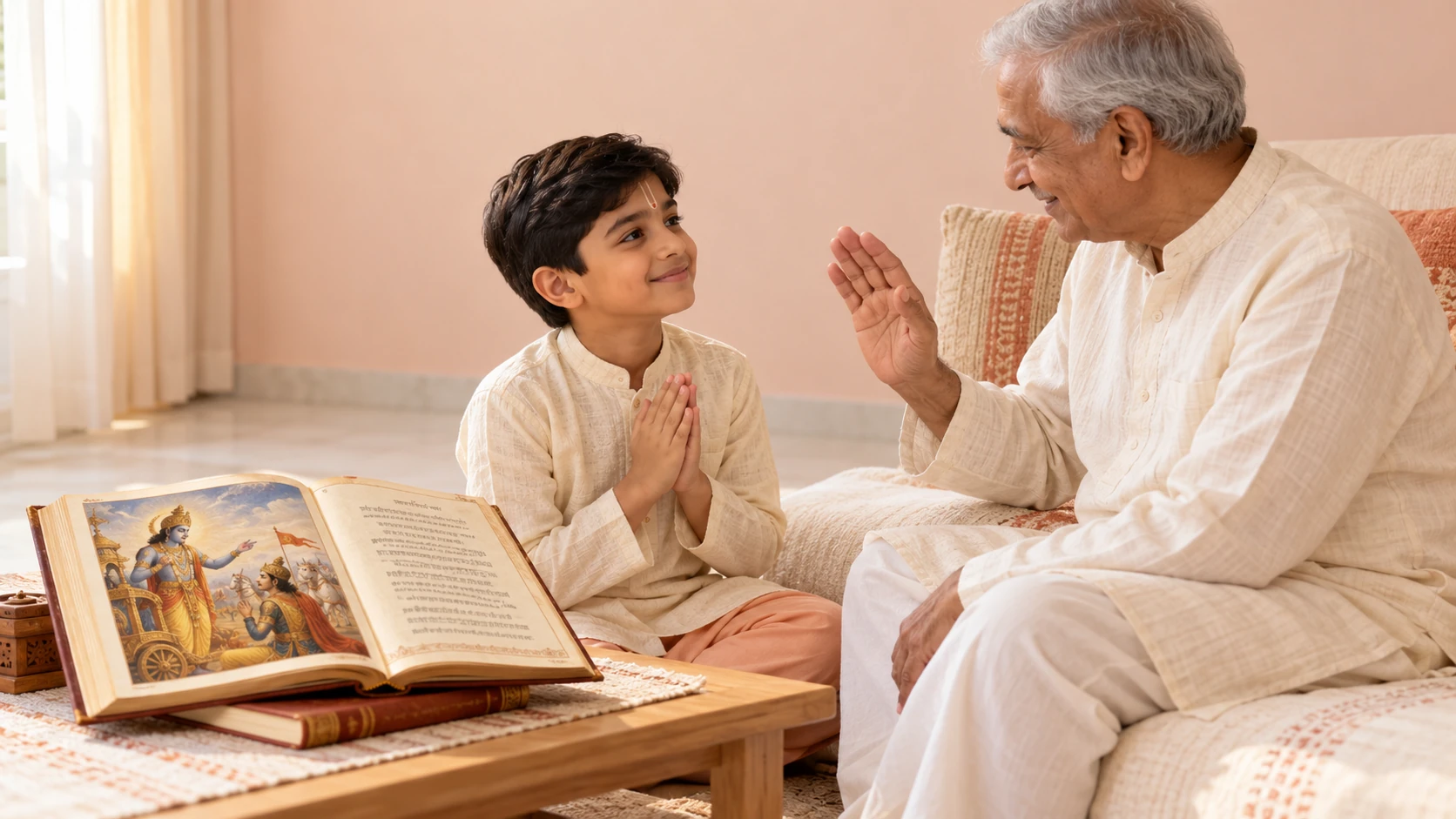 A grandfather explains the meaning behind a festival to his grandson