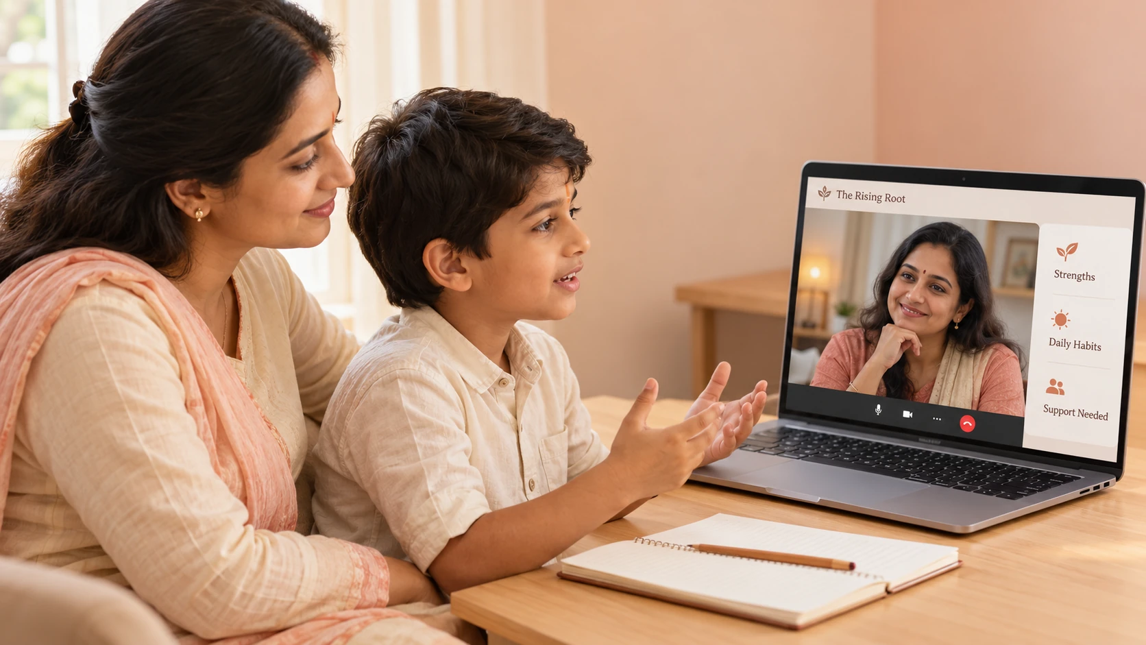A mother and child talking with the teacher about the child's strengths and struggles