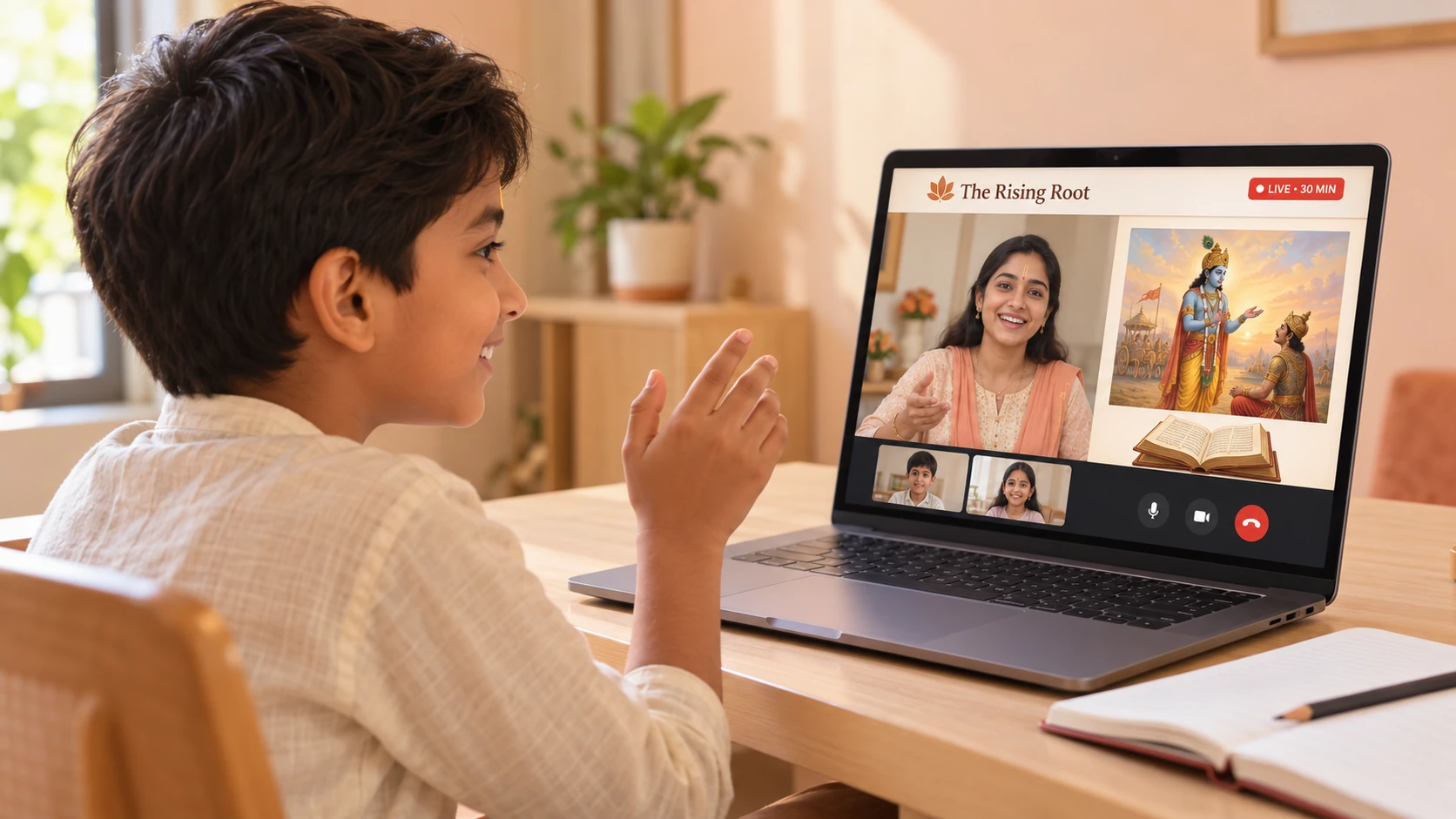 A child joining a live online Gita session with Preksha on a laptop