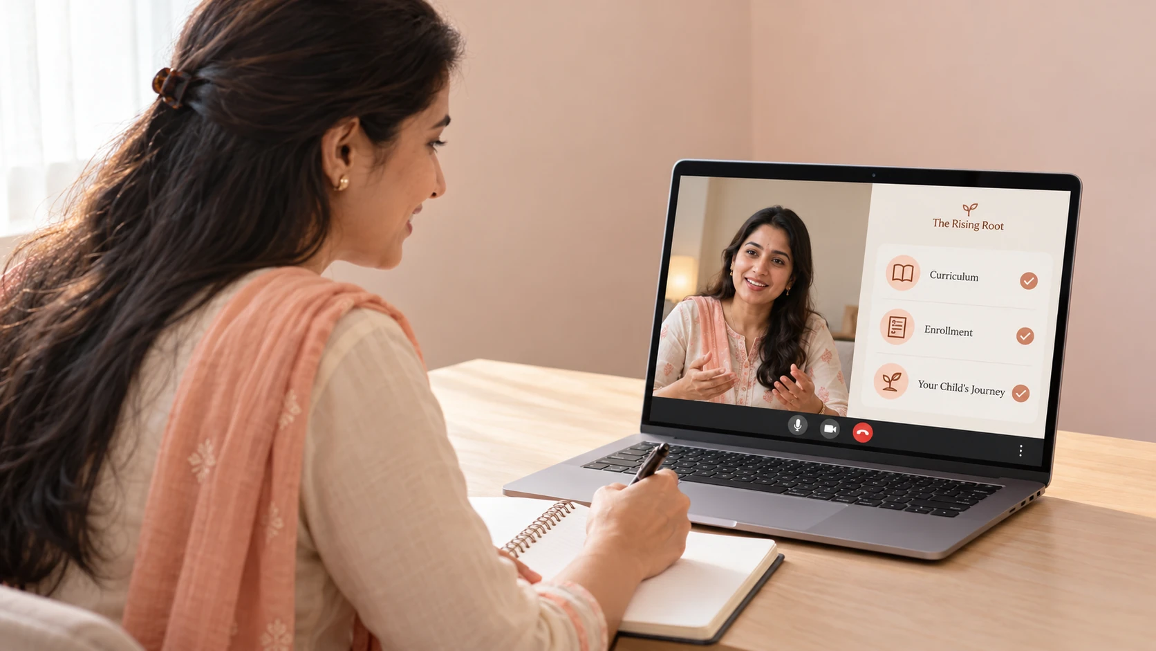 A parent on a video call with the teacher, taking notes about the curriculum
