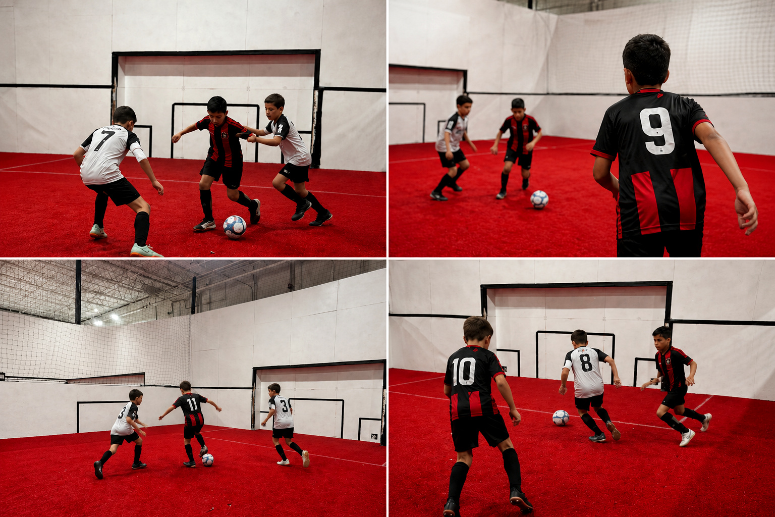 Panther Soccer players dribbling and competing on red indoor turf