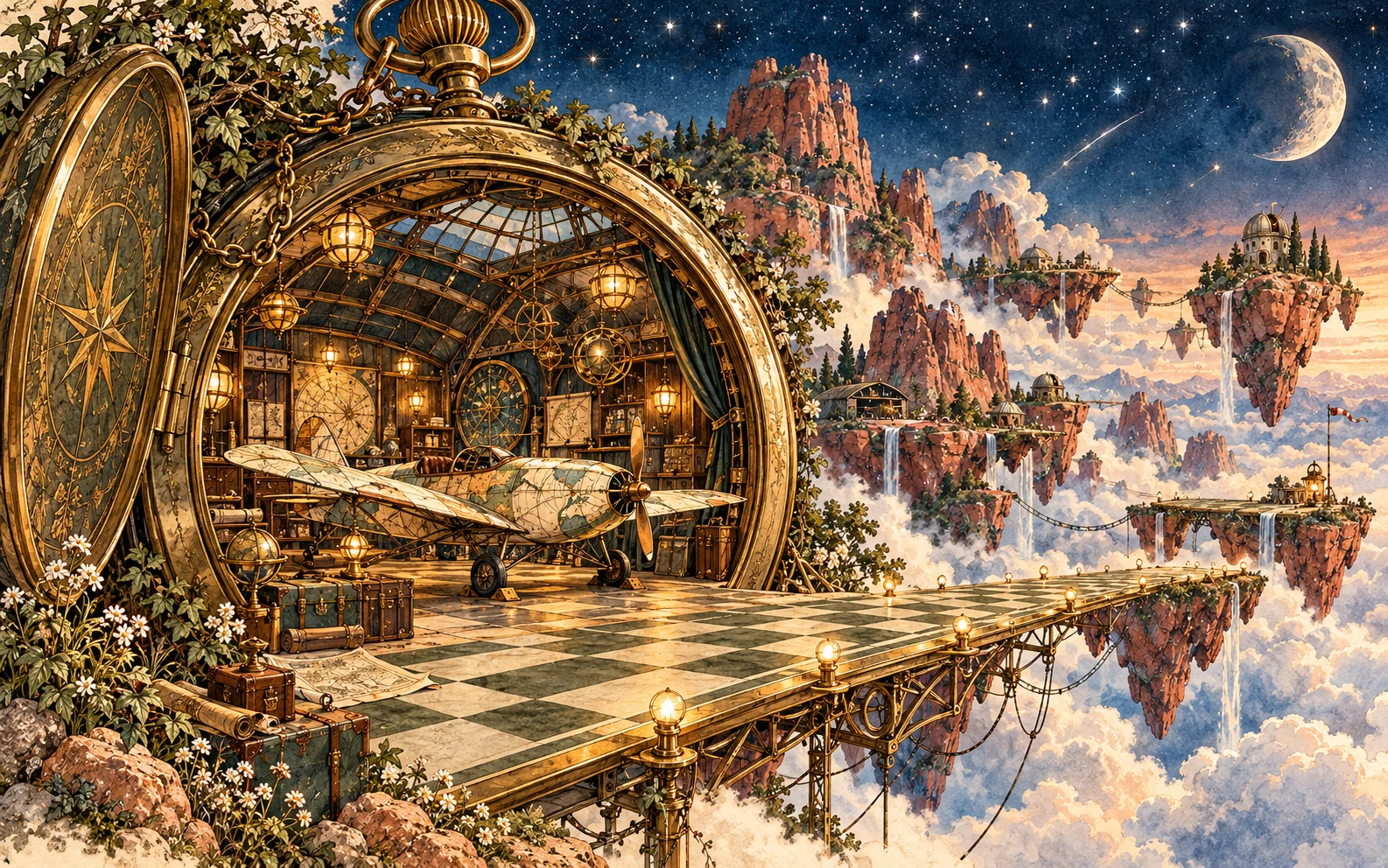 Imagined hangar inside a brass pocket watch, with a map-paper aircraft and floating islands