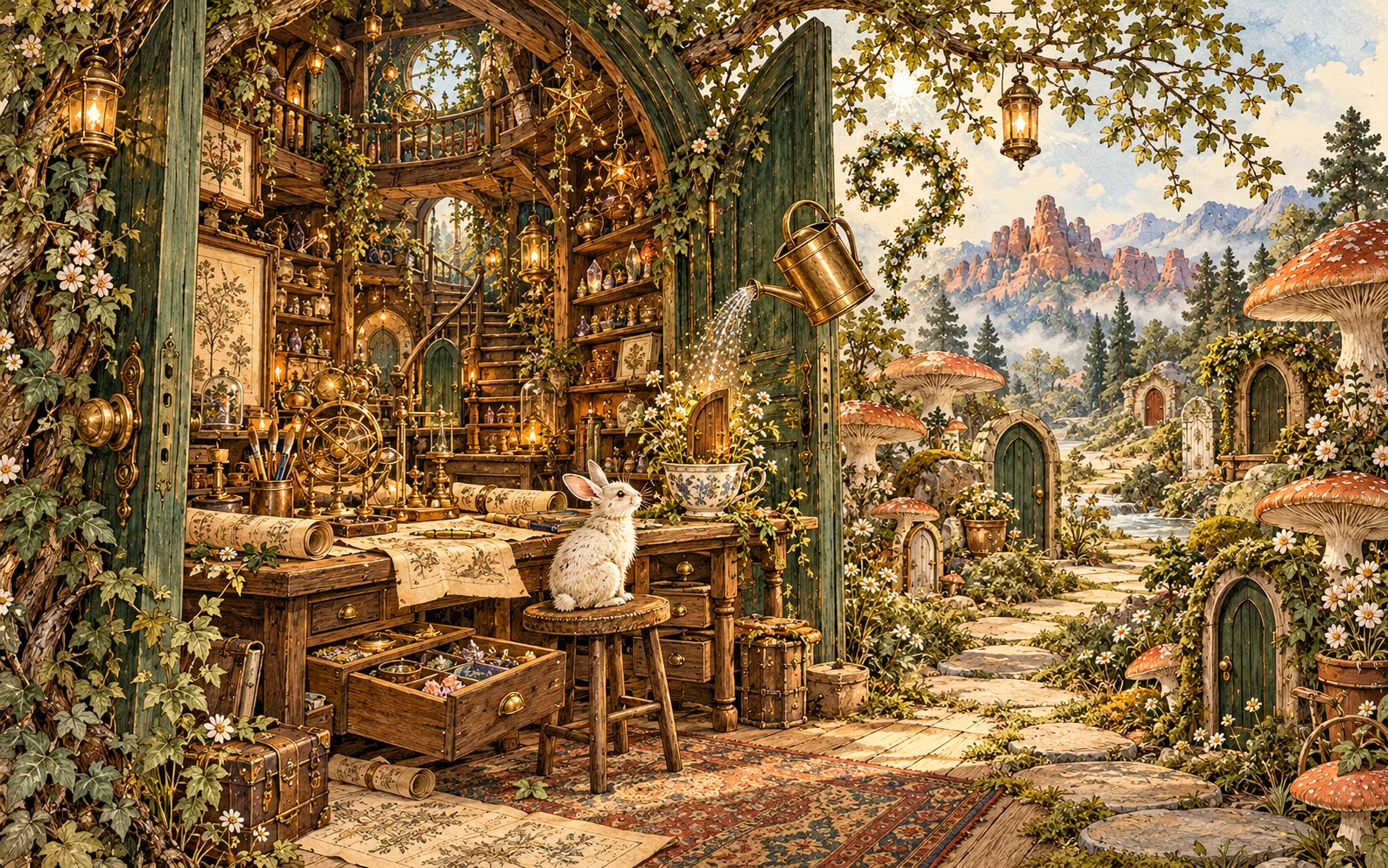 Imagined woodland workshop with a workbench, curious doors, and glowing sparks
