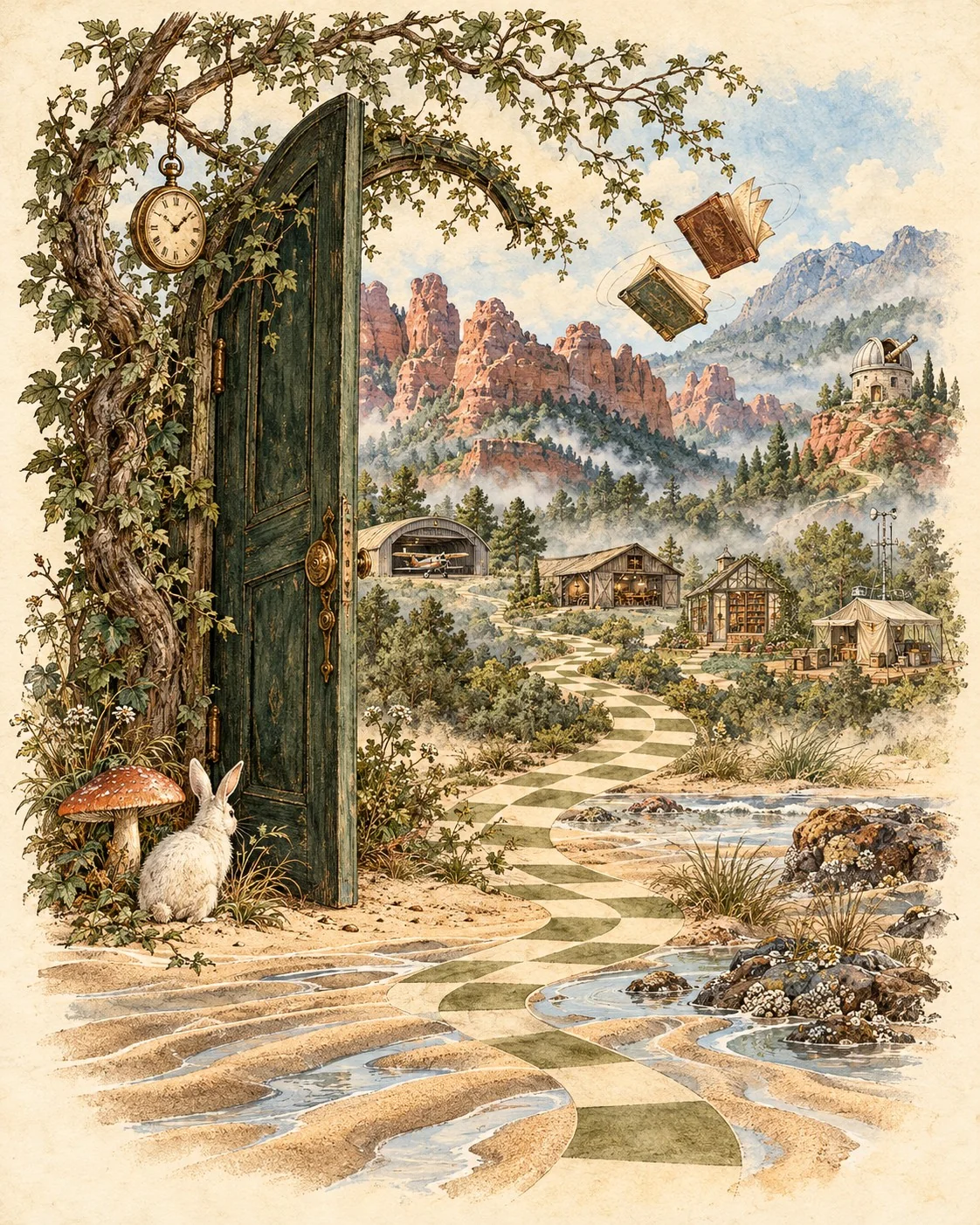 Original imagined landscape: a green door opens onto Arizona-inspired red rock, forest, shoreline, five curious buildings, floating books, and a white rabbit