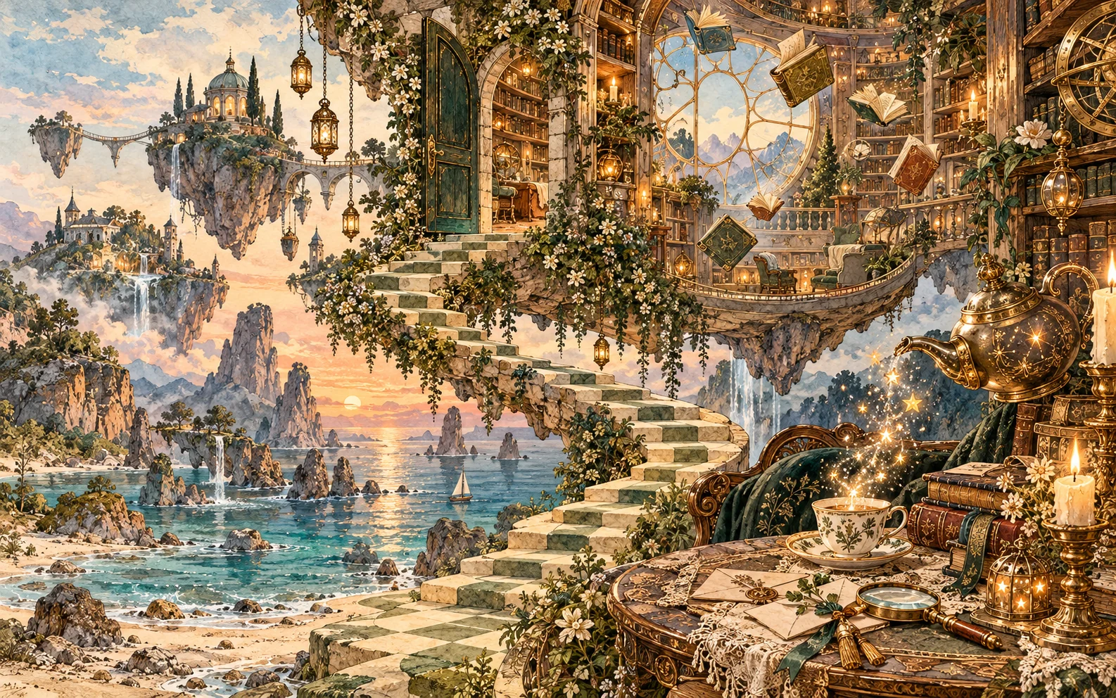 Imagined floating library with drifting books, a checkerboard staircase, and a constellation pouring from a teapot