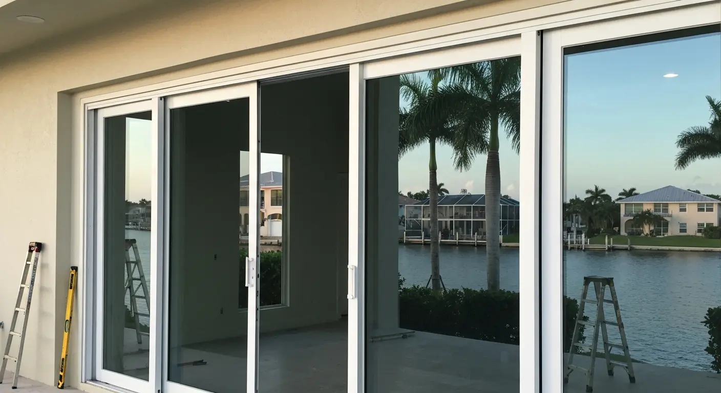 Sliding glass doors on beach home