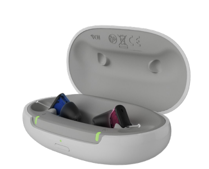 Signia Silk 1IX rechargeable hearing aid with portable charging case