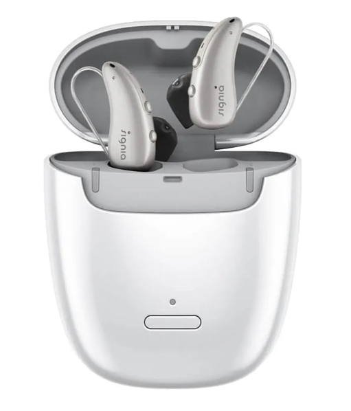 Signia Pure Charge&Go 1IX BCT with portable charging case showing 36-hour battery life