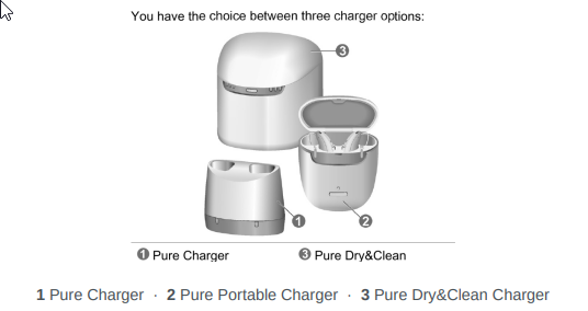 Three charger options side by side: Pure Charger, Pure Portable Charger, and Pure Dry&Clean Charger