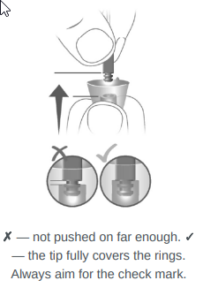 Diagram showing a dome not pushed on far enough (X) versus a dome fully covering the retention rings (checkmark)
