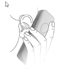 Hand holding a phone up near the ear, positioned above the hearing aid