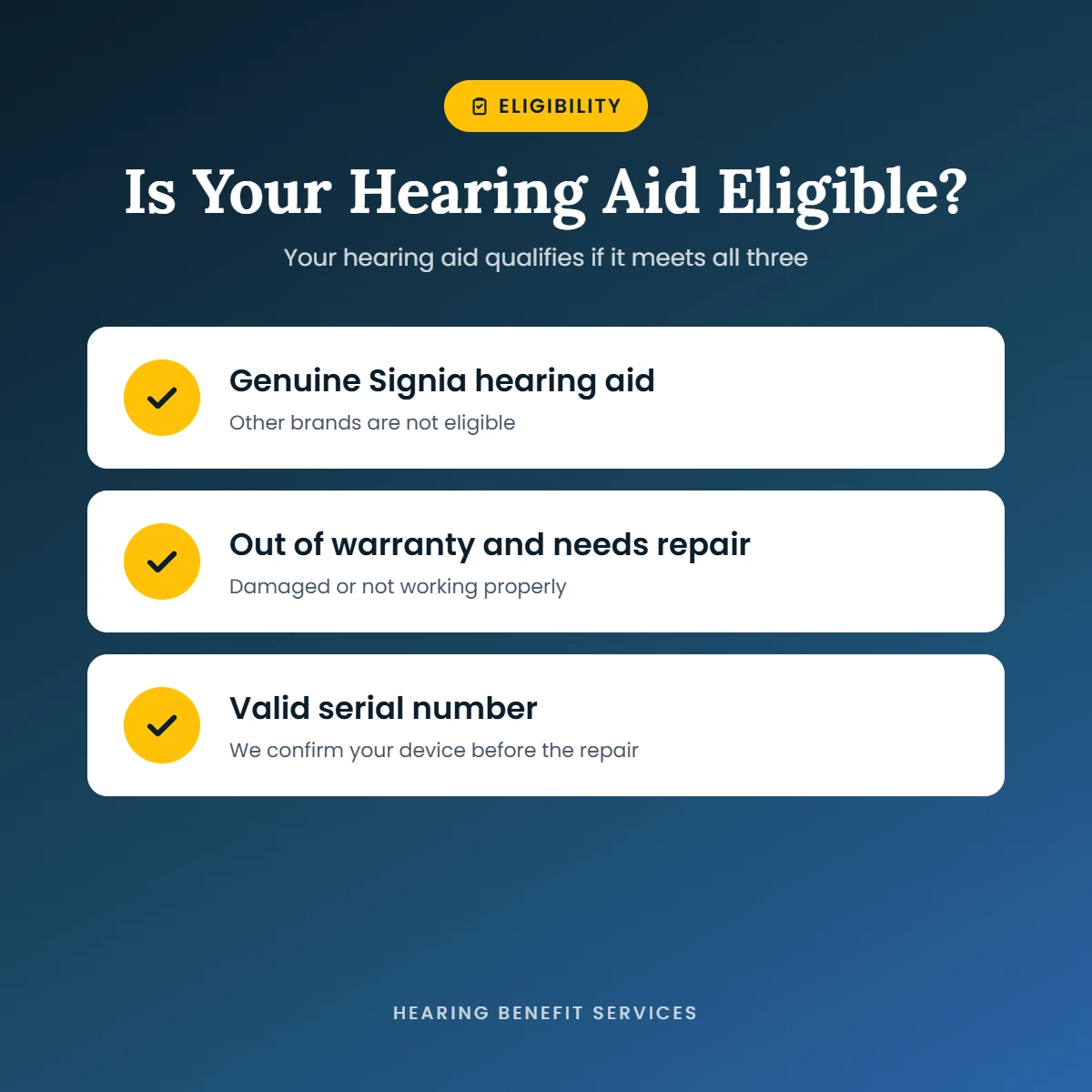 Repair eligibility: genuine Signia hearing aid, out of warranty and needs repair, valid serial number