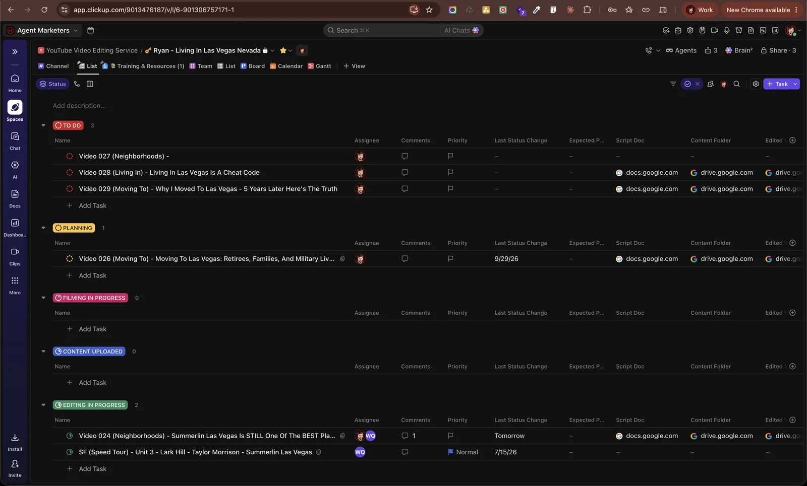 A client's ClickUp project board showing each real estate YouTube video sorted by production stage