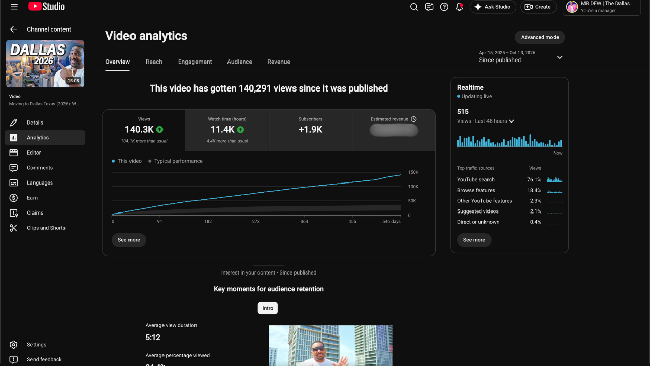 YouTube Studio analytics for Marquez Branson's video Moving to Dallas Texas 2026 What You Need To Know showing 140.3K views since it was published
