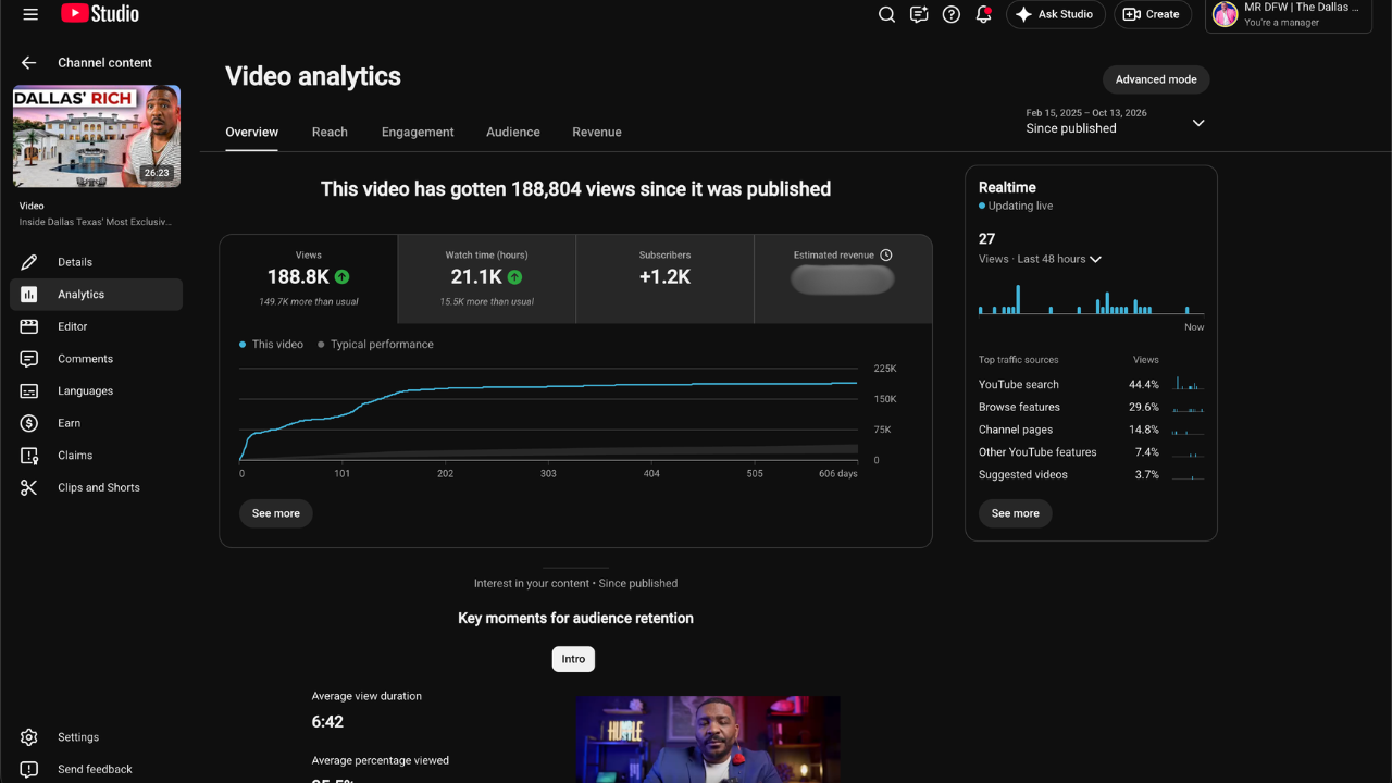 YouTube Studio analytics for Marquez Branson's video Inside Dallas Texas' Most Exclusive Neighborhoods showing 188.8K views since it was published