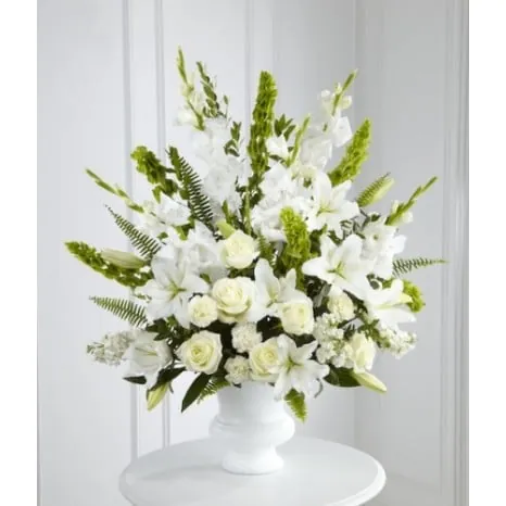 Designer Urn of White Roses and Bells of Ireland