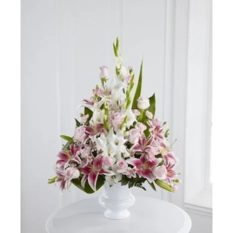 Standing Spray of Pink Roses and Stargazer Lilies