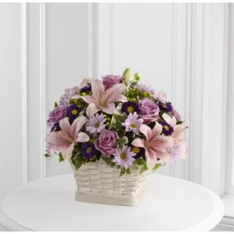 Square Basket of Pink Roses and Asiatic Lilies
