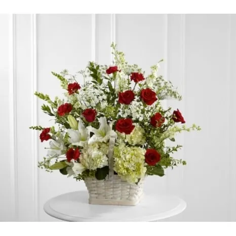 Hearth Basket of Red Roses and White Hydrangeas